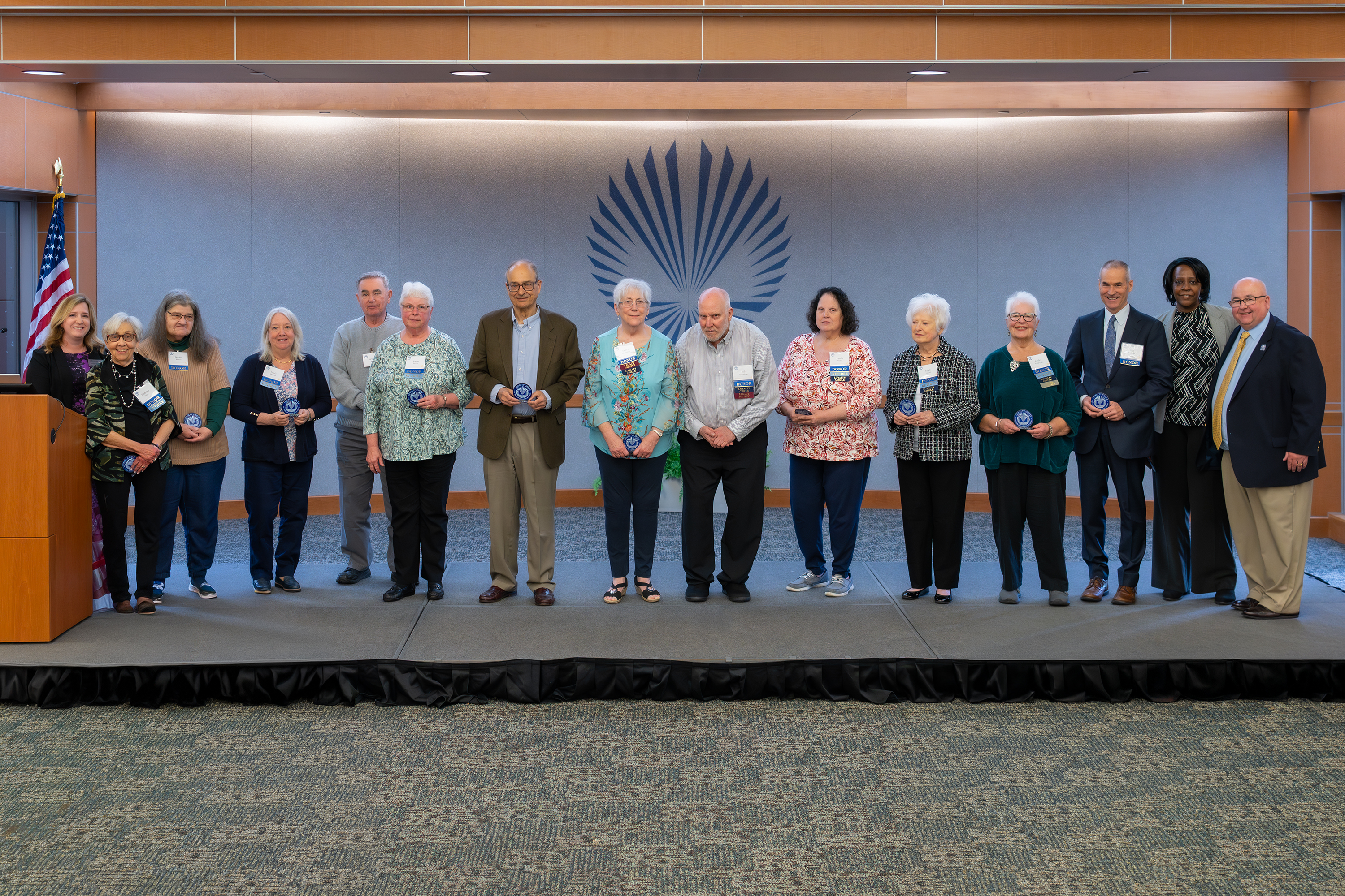 Approximately 200 donors, students and college employees came together for the Celebration of Donors and Scholarships Recipients on April 29. Pictured left to right: Diane Banks, director, Macomb Community College Foundation and Loyalty Circle donors: Madelyn Rice, Deborah Remer, Linda Sawyer, Bill Rexin, Karen Rexin, Jim Jacobs, Nancy Duemling, William Duemling, Lynda Goins, Gayle Good, Lesley Lambright, Robert Penkala, Marie Pritchett and Macomb President James Sawyer, IV.